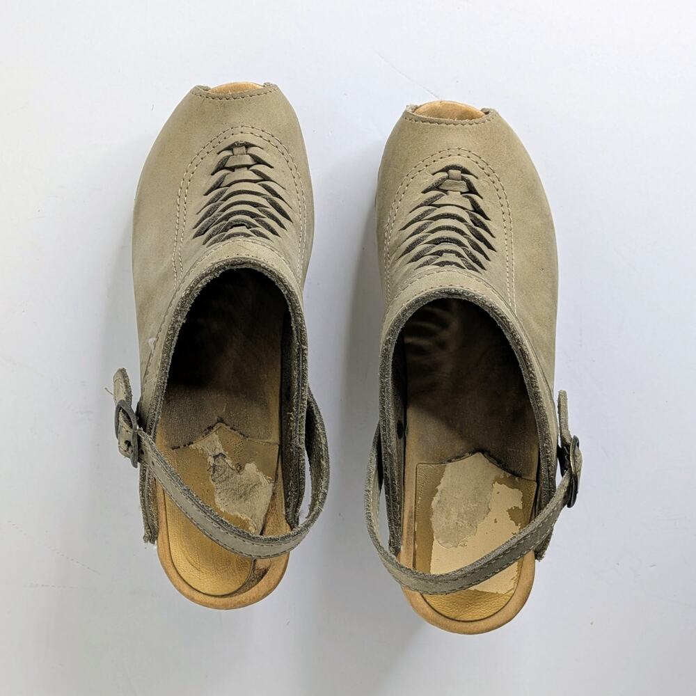 No. 6 Peep Toe Clogs 36 Tan Leather Wood Heel Strap Braided Vamp 6-6.5 - Picture 11 of 15
